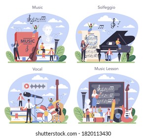 Music education course set. Young performer playing music with professional equipment. Music, vocal, solfeggio class. Vector illustration.