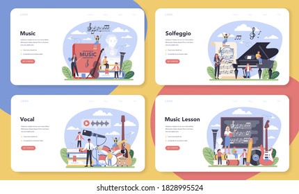 Music education course web banner or landing page set. Young performer playing music with professional equipment. Music, vocal, solfeggio class. Vector illustration.