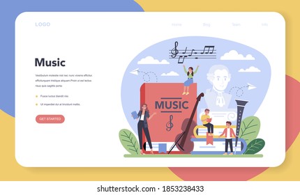 Music education course web banner or landing page. Young performer playing music with professional equipment. Music, vocal, solfeggio class. Vector illustration.