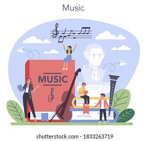 Music education course. Young performer playing music with professional equipment. Music, vocal, solfeggio class. Vector illustration.