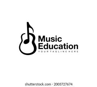 Music education, notes and guitar, logo design. Music instrument, musical school and music, vector design and illustration