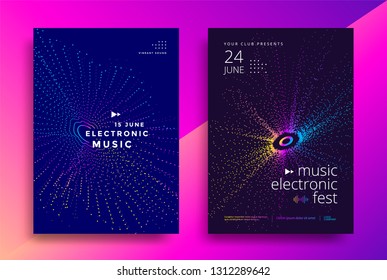 Music Electronic fest poster design. Sound flyer with abstract geometric shape. Color dynamic circle of dots. Vector template Music Electronic fest poster design. Sound flyer with abstract geometric shape. Color dynamic circle of dots. Vector template