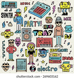 Music Electronic Style Funny Wacky Doodle Set. Contemporary Electronic Musical Instruments. Synthesizers, Midi Controllers, Samplers and Drum Machines.