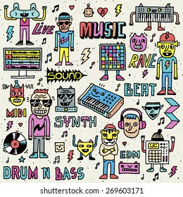 Music Electronic Style Funny Wacky Doodle Set. Contemporary Electronic Musical Instruments. Synthesizers, Midi Controllers, Samplers and Drum Machines.