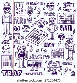 Music Electronic Style Funny Wacky Doodle Set. Contemporary Electronic Musical Instruments. Synthesizers, Midi Controllers, Samplers and Drum Machines. School Notebook.