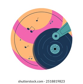 Music element sticker. Vinyl disc. Retro audio equipment. Favorite music and playlist with songs. Graphic element for webste. Flat vector illustration isolated on white background