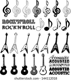 Music elements in different styles - guitars, notes and words: rock'n'roll and acoustic.