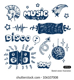 Music elements set. Hand drawn sketch illustration isolated on white background
