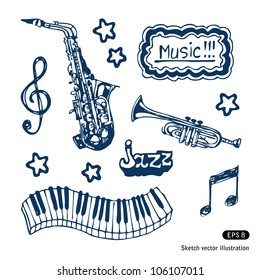 Music elements set. Hand drawn sketch illustration isolated on white background