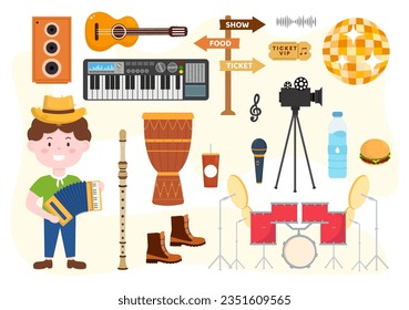 Music Elements Vector Illustration with Various of Note and Musical Instruments Modern in Flat Kids Cartoon Hand Drawn Background Templates