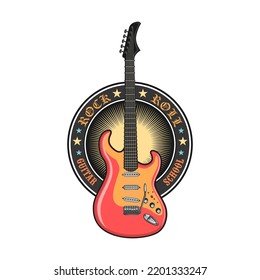 Music emblem. Bright badges with skulls, guitars, microphone, subwoofer speakers and text. Vector illustration for festival poster, rock and roll band label templates