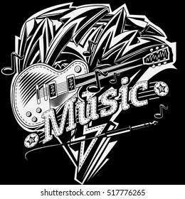 Music emblem with guitar and graffiti arrows