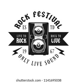 Music emblem, label, badge or logo in monochrome vintage style with audio speakers isolated on white background