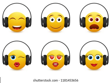 Music emoji icon set. Vector illustration of emoticons wearing headphones isolated on white background.
