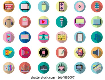 Music and Entertain icons set.Set of 30 icons for sound  such as cup of Coffee,Tv, equalizer,CD,DVD,computer,music note, loudspeaker.Vector voice and melody concept.