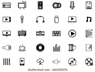 Music and Entertain icons set.Set of 30 icons for sound  such as cup of Coffee,Tv, equalizer,CD,DVD,computer,music note, loudspeaker.Vector voice and melody concept.