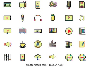 Music and Entertain icons set.Set of 30 icons for sound  such as cup of Coffee,Tv, equalizer,CD,DVD,computer,music note, loudspeaker.Vector voice and melody concept.