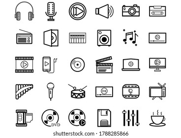 Music and Entertain icons set.Set of 30 icons for sound  such as cup of Coffee,Tv, equalizer,CD,DVD,computer,music note, loudspeaker.Vector voice and melody concept.