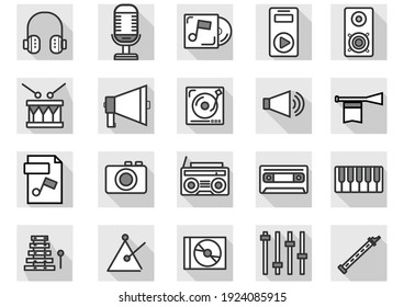 Music and Entertain icons set.Set of 30 icons for sound  such as cup of Coffee,Tv, equalizer,CD,DVD,computer,music note, loudspeaker.Vector voice and melody concept.