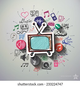 Music And Entertainment Collage With Icons Background. Vector Illustration