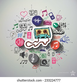 Music and entertainment collage with icons background. Vector illustration