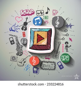 Music and entertainment collage with icons background. Vector illustration