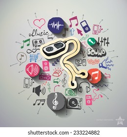 Music and entertainment collage with icons background. Vector illustration