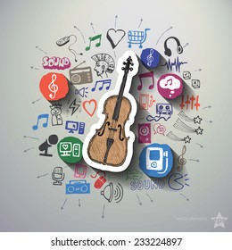 Music and entertainment collage with icons background. Vector illustration