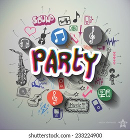 Music and entertainment collage with icons background. Vector illustration
