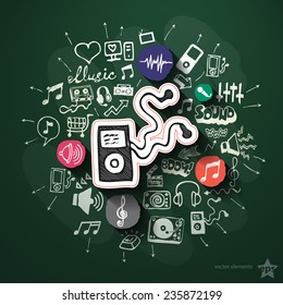 Music and entertainment collage with icons on blackboard. Vector illustration