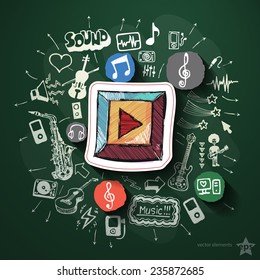 Music and entertainment collage with icons on blackboard. Vector illustration