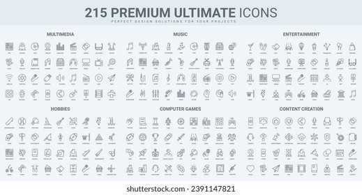 Music, entertainment events and media content creation thin black line icons set vector illustration. Outline symbols of genres and rules of online electronic games, karaoke and movie pictograms