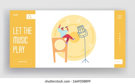 Music Entertainment Leisure, Hobby Landing Page Template. Young Man Character Sitting on Huge Dynamics on Stage Holding Microphone and Singing Song at Karaoke Bar or Club. Cartoon Vector Illustration