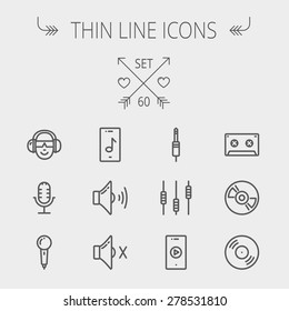 Music and entertainment thin line icon set for web and mobile. Set includes- loudspeaker, headphone, microphone retro, cassette tape, control volume, vinyl disc icons. Modern minimalistic flat design