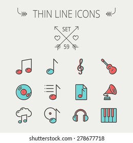 Music and entertainment thin line icon set for web and mobile. Set include-musical notes, phonograph record, g- clef, headphone, gramophone, guitar, piano icons. Modern minimalistic flat design