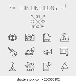 Music and entertainment thin line icon set for web and mobile. Set includes-Phonograph turntable, trumpet, piano, guitar, headphone, tambourine, car music icons. Modern minimalistic flat design