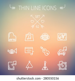 Music and entertainment thin line icon set for web and mobile. Set includes-Phonograph turntable, trumpet, piano, guitar, headphone, tambourine, car music  icons. Modern minimalistic flat design