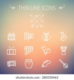 Music and entertainment thin line icon set for web and mobile. Set includes-xylophone, tuner, saxophone, banjo, maracas, organ, lyre icons. Modern minimalistic flat design. Vector white icon on