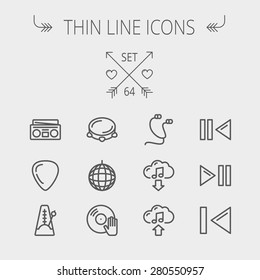 Music and entertainment thin line icon set for web and mobile. Set includes- metronome, guitar pick, upload and download, earphone, disco ball, cassette player, music button icons. Modern minimalistic