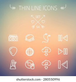 Music and entertainment thin line icon set for web and mobile. Set includes-metronome, guitar pick, upload and download, earphone, disco ball, cassette player, music button icons. Modern minimalistic
