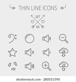 Music and entertainment thin line icon set for web and mobile. Set includes- C-clef, star, replay, stop, volume speaker icons. Modern minimalistic flat design. Vector dark grey icon on light grey