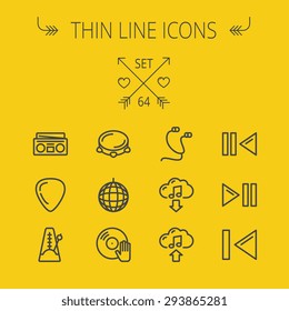 Music and entertainment thin line icon set for web and mobile. Set includes- metronome, guitar pick, upload and download, earphone, disco ball, cassette player, music button icons. Modern minimalistic