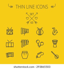 Music and entertainment thin line icon set for web and mobile. Set includes- xylophone, tuner, saxophone, banjo, maracas, organ, lyre icons. Modern minimalistic flat design. Vector dark grey icon on