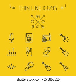 Music And Entertainment Thin Line Icon Set For Web And Mobile. Set Includes- Speaker Rock Hand, Wireless Mic, Sound Wave Beat, Equalizer, Radio, Download Music, Guitars Icons. Modern Minimalistic Flat