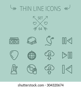 Music and entertainment thin line icon set for web and mobile. Set includes- metronome, guitar pick, upload and download, earphone, disco ball, cassette player, music button icons. Modern minimalistic