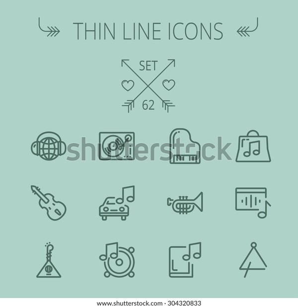 Music and entertainment thin line icon set for web\
and mobile. Set includes-Phonograph turntable, trumpet, piano,\
guitar, headphone, tambourine, car music icons. Modern minimalistic\
flat design