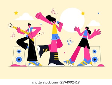 Music Entertainment Vector Illustration featuring People Playing Various Musical Instruments with Musicians Performing Live on Stage in a Background