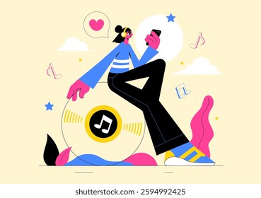 Music Entertainment Vector Illustration featuring People Playing Various Musical Instruments with Musicians Performing Live on Stage in a Background