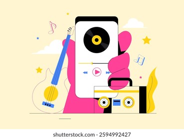 Music Entertainment Vector Illustration featuring People Playing Various Musical Instruments with Musicians Performing Live on Stage in a Background