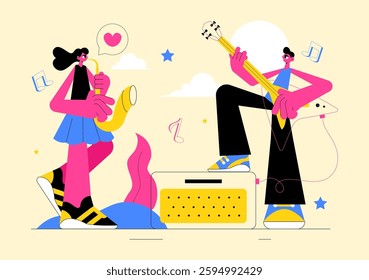 Music Entertainment Vector Illustration featuring People Playing Various Musical Instruments with Musicians Performing Live on Stage in a Background